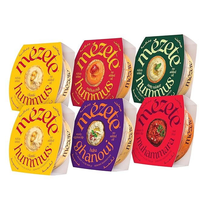 Mezete All-Natural Dip Snack Pack | No Added Oils | Preservatives-Free Variety Pack | Halal | Vegan Dips & Spreads | Authentic Middle Eastern Taste | Great for Pita, Chips & Charcuterie | Pack of 6