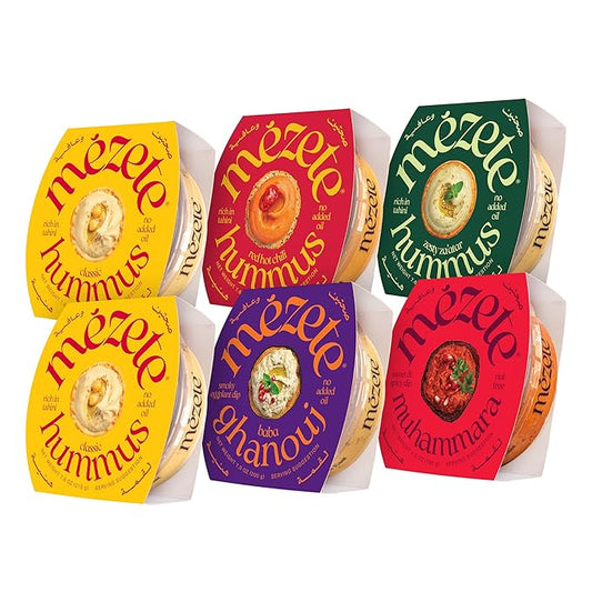 Mezete All-Natural Dip Snack Pack | No Added Oils | Preservatives-Free Variety Pack | Halal | Vegan Dips & Spreads | Authentic Middle Eastern Taste | Great for Pita, Chips & Charcuterie | Pack of 6