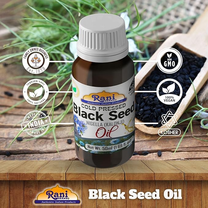 Rani Pure Black Seed (Nigella, Kalonji) Oil 1.69 Fl oz (50ml) Cold Pressed ~ 100% Cholesterol Free | All Natural | Gluten Free | NON-GMO | Kosher | Vegan | Indian Origin