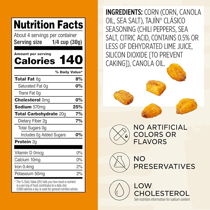 Snak Club Tajin Toasted Corn, Roasted Corn Nuggets with Chili and Lime Seasoning, Mild, Non-GMO, Gluten-Free, Kosher Snack, No Artificial Colors or Flavors, 11 oz Resealable Bags, 6 Pack