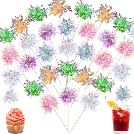 240 Pcs Firework Cupcake Toppers Foil Frill Toothpicks Cake Decorations Sparkle Tinsel Cupcake Toppers Cocktail Picks Firework Party Picks for Holiday Party Favors Supplies (6 Color)