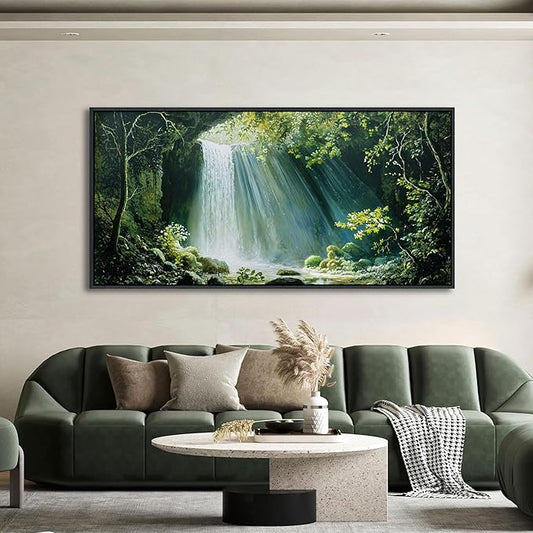 QZQCBLC Large Canvas Wall Art, Waterfall in the Sun Forest Landscape Pictures Artwork Green Valley Stone River Gallery Paintings for Living room Bedroom kitchen Home Office Decor 24x48 IN