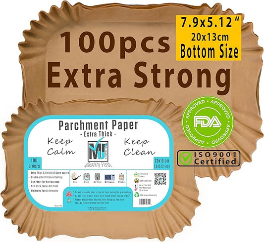((Extra Strong)) Air Fryer Parchment Rectangular 100Pcs, Mr.Jawdat's Paper Liners for Dual Door Air Fryer, Oven baking sheets, microwave liners Free of Bleach ((Rectangular, 7.9x5.12 Inch/ 20x13 cm))