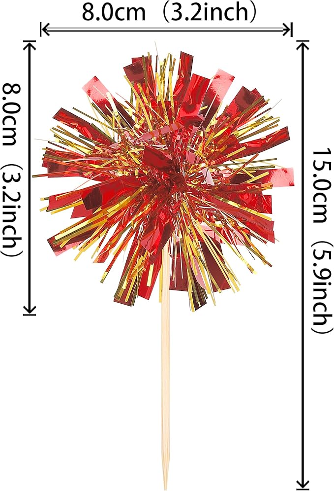 Rsstarxi 30 Pack Foil Firework Cupcake Toppers Sparkle Tinsel Drink Cake Decorations Cocktail Picks for New Years Valentine's Day Birthday Wedding Graduation Party Decorations Gold Red