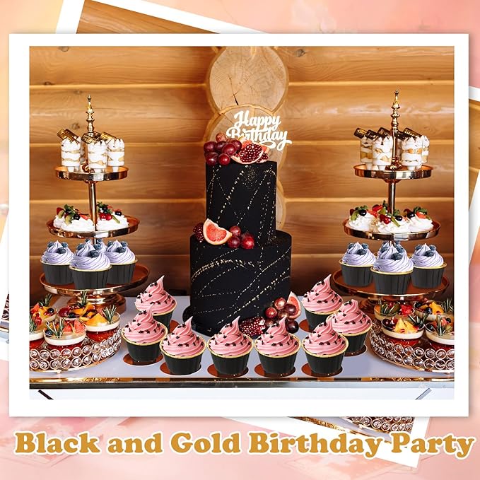 300 Pack Black Gold Cupcake Liners Bulk Disposable Foil Muffin Cups 3.5 oz Wrappers for Baking Aluminum Paper Mini Metallic Disposable Holiday Party Wedding Festival Supply