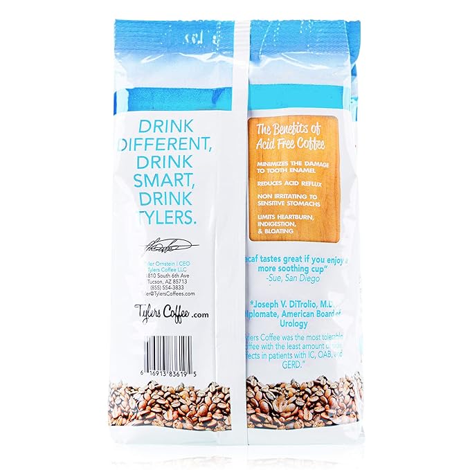 Tyler?™s Acid Free Organic Ground Coffee - 100% Arabica Full Flavor - Whole Bean and Caffeinated - No Bitter Aftertaste - For Acid Free Diets - Natural and Organic Blend for Common GI Issues - 12 oz