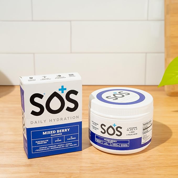 SOS Hydration Electrolyte Powder 8 Stick Packs ??Low-Calorie, Rapid Rehydration, Made in USA, Keto (8 Servings, Mixed Berry)