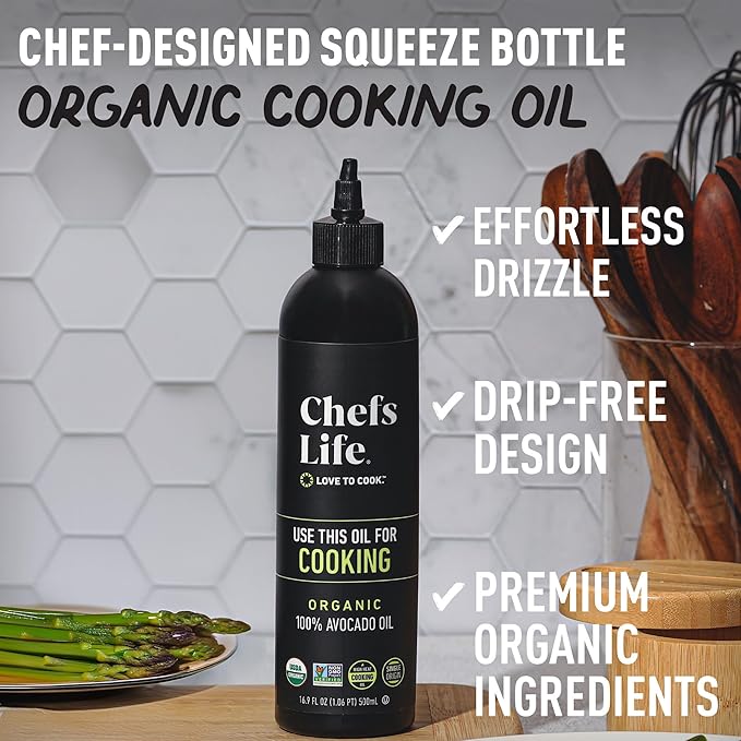 Chefs Life Organic Avocado Oil - Organic Avocado Oil For Cooking, Avocado Oil Organic for Dressing, Dipping, Drizzle, 100% Pure, Single Origin, Non GMO - 16.9 Fl Oz Squeezable Bottle (3 Pack)
