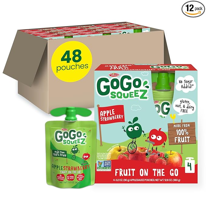 GoGo squeeZ Applesauce and Fruit Puree, Apple Strawberry, 3.2 oz (Pack of 48), Unsweetened Fruit Snacks for Kids, Gluten Free, Nut Free and Dairy Free, Recloseable Cap, BPA Free Pouches