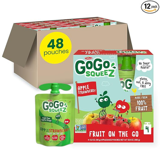 GoGo squeeZ Applesauce and Fruit Puree, Apple Strawberry, 3.2 oz (Pack of 48), Unsweetened Fruit Snacks for Kids, Gluten Free, Nut Free and Dairy Free, Recloseable Cap, BPA Free Pouches
