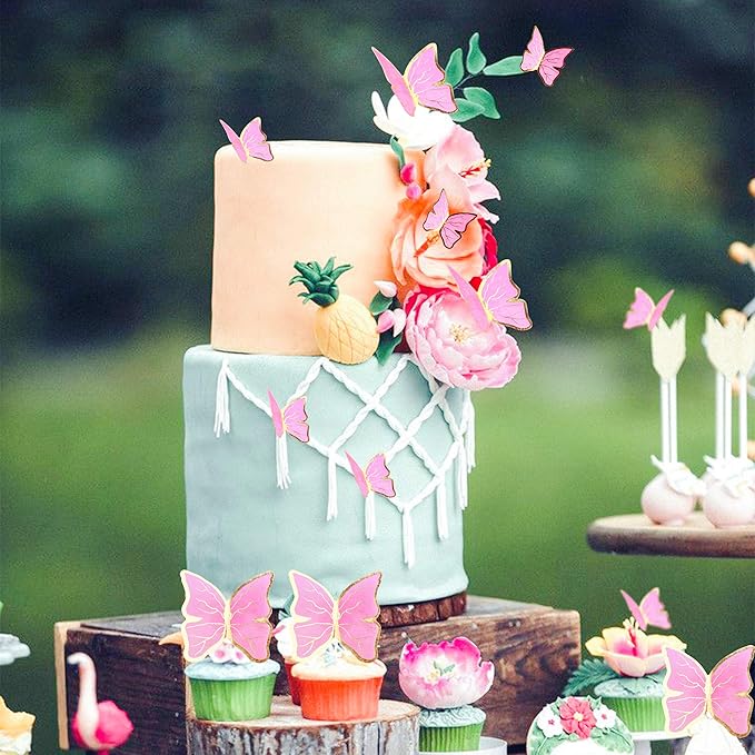 30pcs Pink Gold Edge Mixed Size Lively 3D Waterproof Butterfly Cupcake Topper for Girls Women's Happy Birthday Wedding Party Cake Wall Party Food Decorations