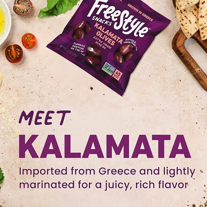 Freestyle Snacks Olive Snack Packs - Bulk Party Pack - Fresh Pitted, Jumbo Kalamata Olives, Grown in Greece, All Natural, Non-GMO, Paleo, Sugar-Free, Keto - Kalamata, 1.1oz Single Serves, 120-Pack