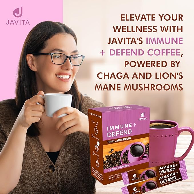 Mushroom Coffee by Javita, Immune & Defend Blend of Chaga, Lion's Mane and Dark Roast Coffee for Morning Boost, Antioxidant Support; Keto-friendly, 1 box of 24 (3.5 g) Sticks, 24 ct