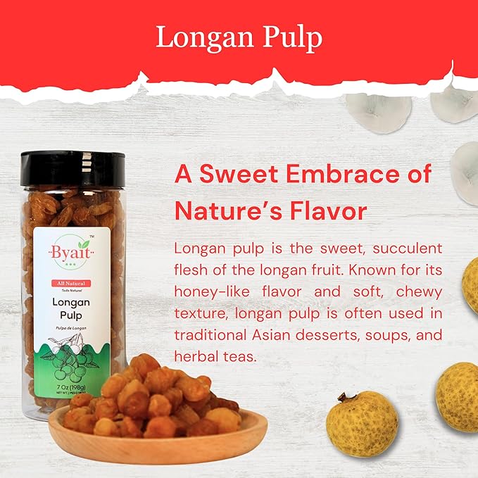 Byait Dried Longan Pulp 7 Oz, Natural Dragon Eye Fruit, No Added Sugars, Ideal for Teas, Snacks, Desserts, Cooking, and Baking