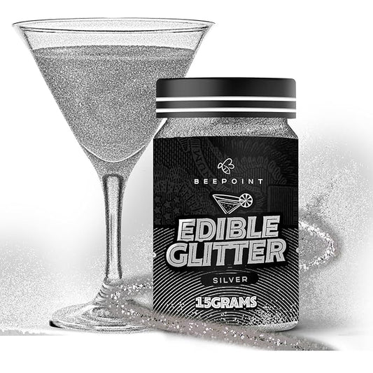 BeePoint Silver Edible Glitter for Drinks 15g - Food Grade, Vibrant Color Shimmer Powdered Dust for Drinks, Cocktails, Cake Decorating, Baking, Chocolates, Candy, Sweets, & Cookies - Vegan & Gluten Free