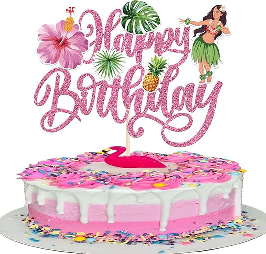 Rsstarxi 1 Pack Hawaii Luau Birthday Cake Topper Luau Cake Decorations Hula Aloha Turtle Leaves Cake Pick for Summer Baby Shower Birthday Hawaiian Tropical Party Decorations Pink