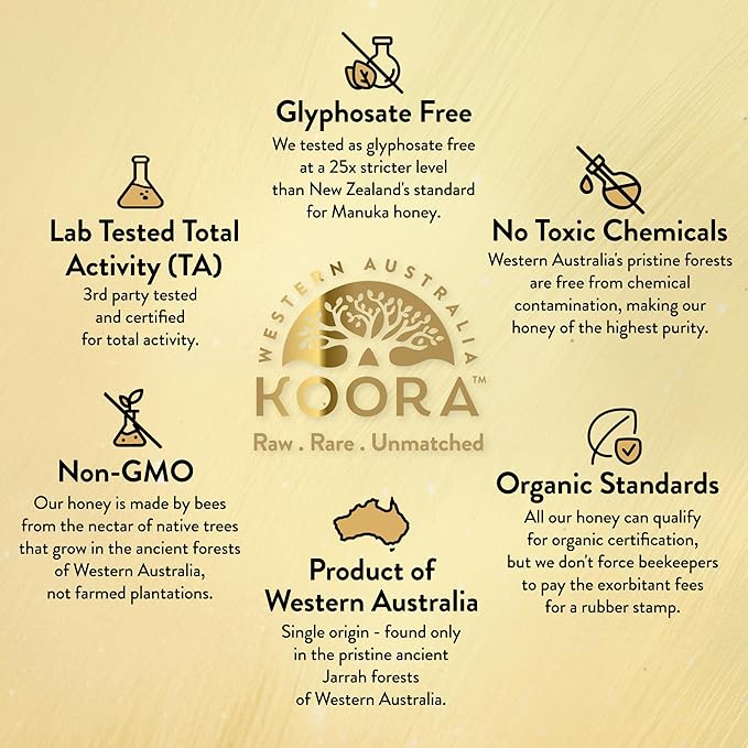 KOORA Marri Honey TA 25+ (MGO 1197+ Manuka Honey Rating Equiv.) Low GI, Medical Grade for Daily Health & Immune Support, Raw from the Ancient Forests of Western Australia, 8.8 oz