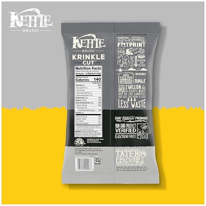 Kettle Brand Krinkle Cut Salt and Fresh Ground Pepper Kettle Potato Chips, Gluten-Free, Non-GMO, 7.5 oz Bag (Pack of 12)