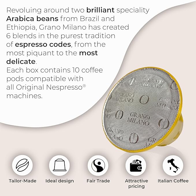 Grano Milano Crema - 50 Espresso Pods Compatible with Nespresso Original line, 100% Arabica Medium Roast - Intensity 8/12, Espresso Coffee Capsules Made in Italy