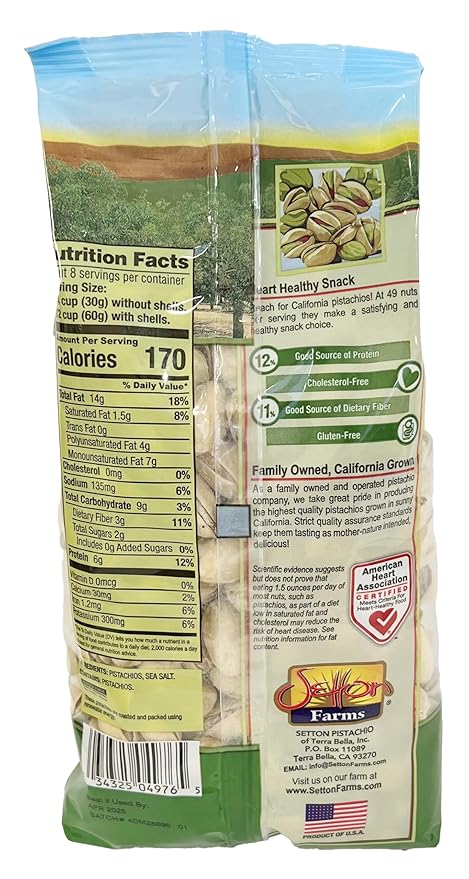 Setton Farms Dry Roasted and Salted Pistachios, Premium California In Shell Pistachios, 1 pound Bag (16 Ounce), Certified Non-GMO, Gluten Free, Vegan and Kosher