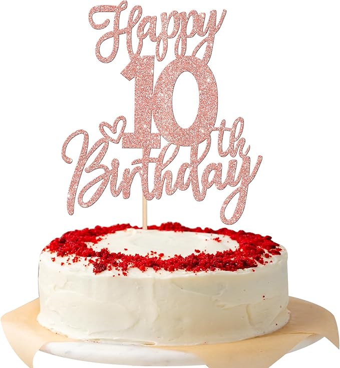 1 PCS Happy 10th Birthday Cake Topper Glitter Cheers to 10 Years Birthday Cake Pick Ten 10 Fabulous Cake Decoration for Happy 10th Birthday Anniversary Theme Party Decorations Supplies Rose Gold