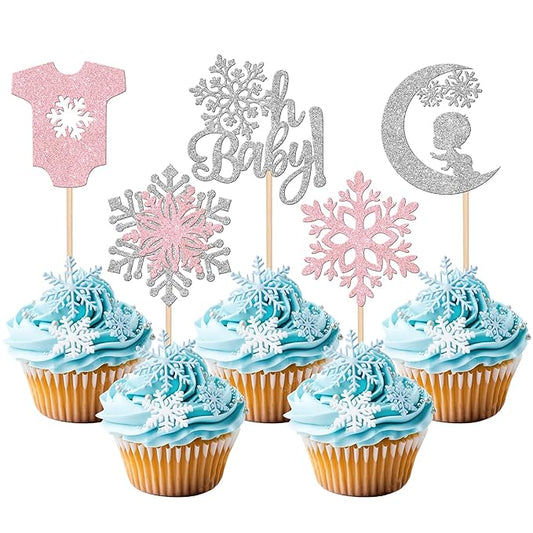 30 PCS Snowflake Oh Baby Cupcake Toppers Glitter Winter Sweater Moon Snowflake Cupcake Picks It's a Girl Cake Decorations for Baby Shower Kids Birthday Christmas Party Supplies Silver Pink