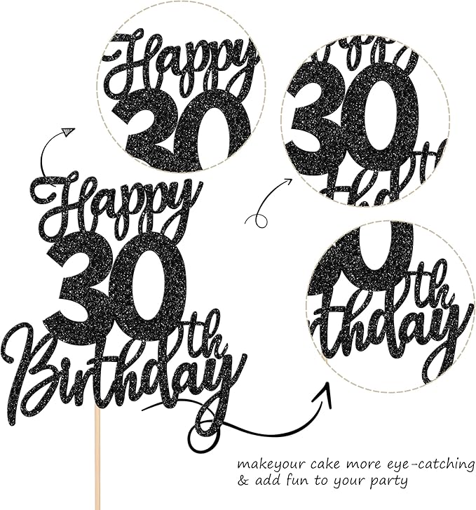 1 PCS Happy 30th Birthday Cake Topper Glitter Cheers to 30 Years Birthday Cake Pick Thirty Hello 30 Fabulous Cake Decoration for Happy 30th Birthday Anniversary Party Decorations Supplies Black