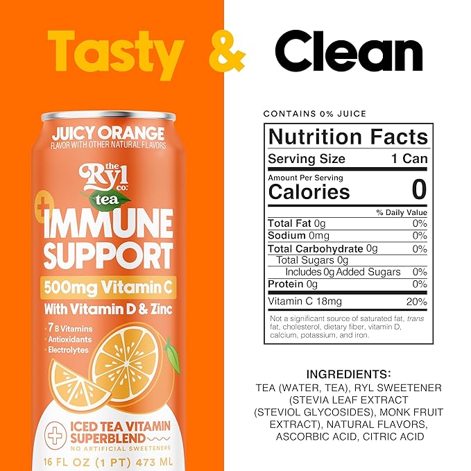 Ryl Immune Support Iced Tea, Juicy Orange, 500mg Vitamin C with Vitamin D & Zinc, Zero Sugar, Zero Calories, 16.0 Fl Oz (12-Pack)