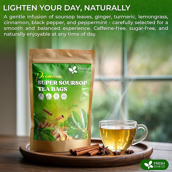 FreshDrinkUS, Super Soursop Herbal Tea ??40 Tea Bags | Soursop, Ginger, Turmeric, Lemongrass, Cinnamon, Black Pepper & Peppermint | Caffeine-Free, Natural Flavor, Plant-Based Blend | Sugar-Free