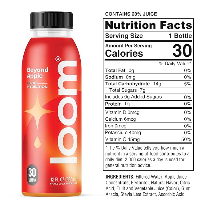 Beyond Apple Juice Drinks by Loom, Low Sugar Juice, Real Fruit, No Added Sugar, 30 Calories, Non-GMO, Vegan, Gluten Free, 12 oz bottles, 12 pack