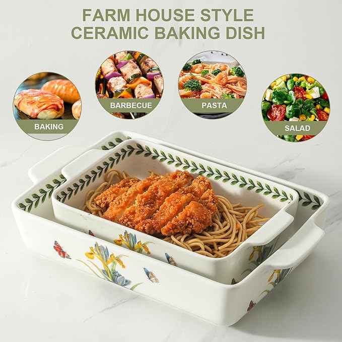 Ceramic Baking Casserole Dish with Handles, Large 8x13 inch & 6x10 inch Pan and Middle Baking Pan - Porcelain Serving Bakeware Set (Iris)
