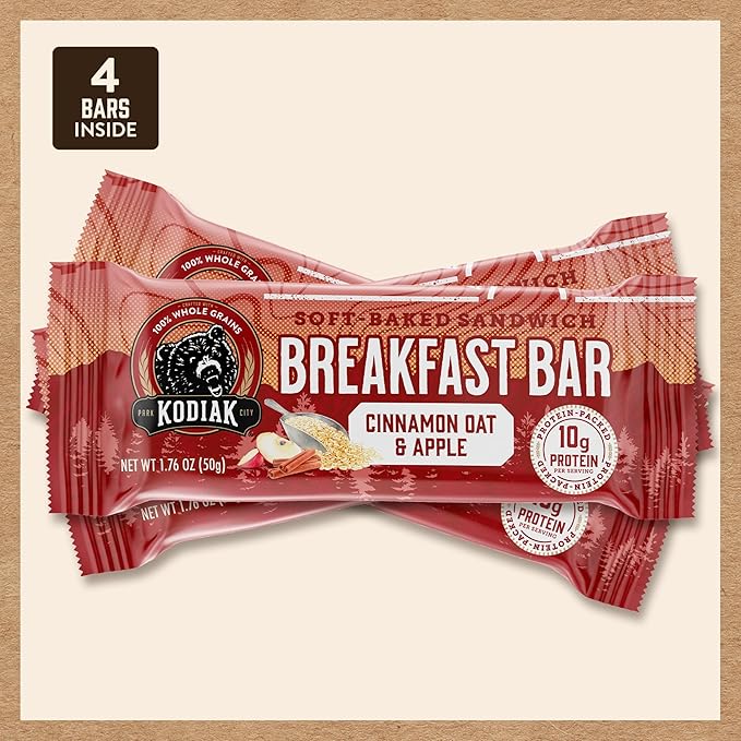 Kodiak Cakes Soft Baked Sandwich Breakfast Bar, Cinnamon Oat & Apple, High Protein, 100% Whole Grains, 12 boxes with 4 bars each (48 bars total)