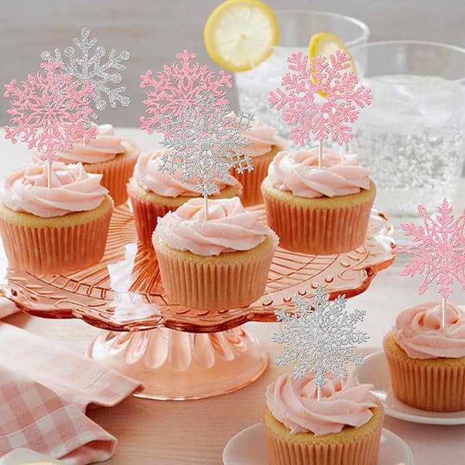 Rsstarxi 24 Pack Snowflake Cupcake Toppers Glitter Winter Wonderland Theme Cupcake Picks Snowflake Cake Decorations for Winter Frozen Baby Shower Birthday Party Decorations Silver Pink