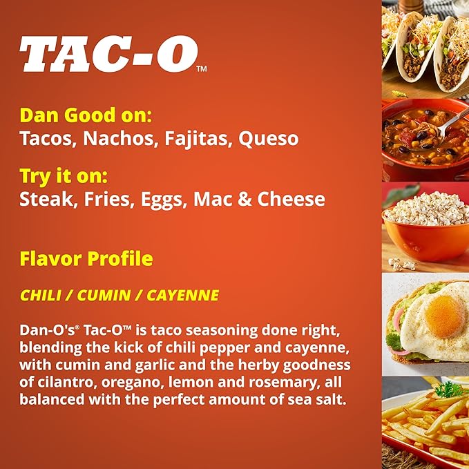 Dan-O's Tac-O Seasoning, 2.5 oz Bottle, All Purpose Taco Seasoning for Tacos, Quesadillas, Ground Beef, Guac and More, Sugar Free, Zero Calorie, Use this Spice Blend for a Flavorful Kick to Any Dish