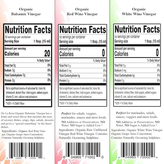 De La Rosa Organic White Wine, Red Wine & Balsamic Vinegar, Vegan, Kosher, Non-GMO & Gluten Free, Great for Salad Dressing, Marinades & More 16.9 Oz (Pack of 3)