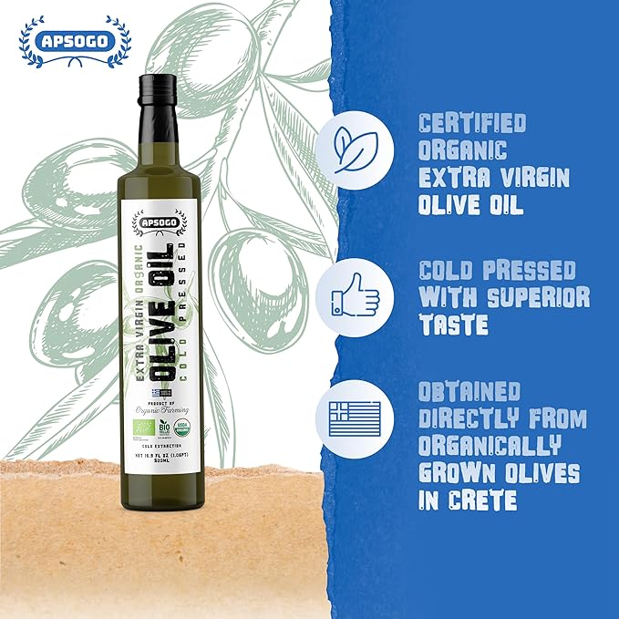Apsogo Organic Extra Virgin Olive Oil - USDA Organic Greek EVOO from Crete - High Polyphenols 250+ mg/kg - Cold Pressed, Early Harvest, Rich & Fruity Flavor - 16.9 fl oz (500ml)