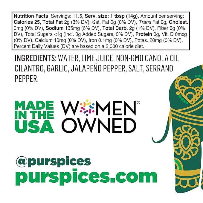 PUR Spices Cilantro Blaze I Hot Sauce & Tangy Cilantro Chutney I Fresh Cilantro, Garlic, Lime and Hot Peppers I Plant Based, Gluten Free, No Sugar Added, Preservative and Additive Free I 6oz Jar