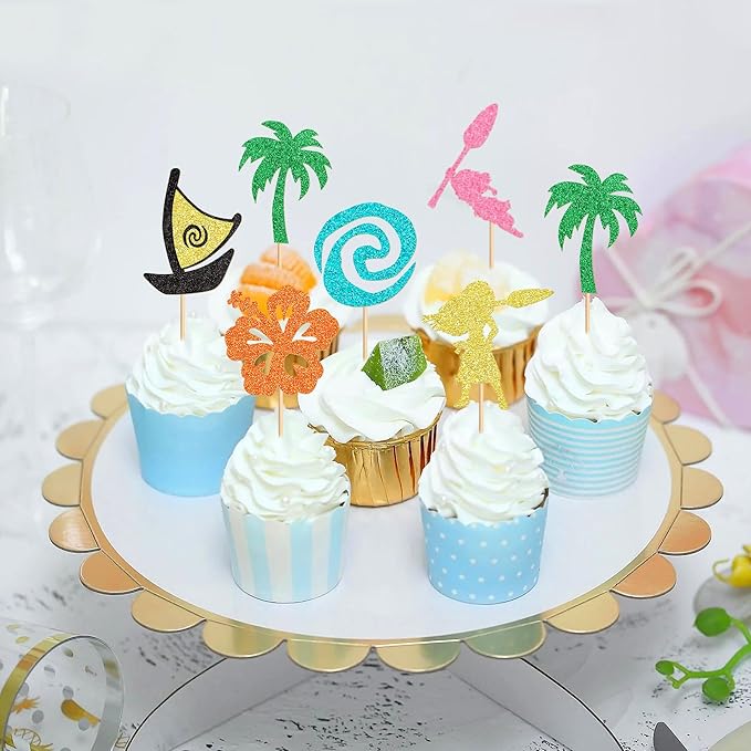 24Pcs Mo Inspired Birthday Cupcake Toppers Glitter Palm Leaf Flower Moana Cupcake Pick Decorations for Tropical Hawaiian Luau Theme Baby Shower Birthday Party Supplies