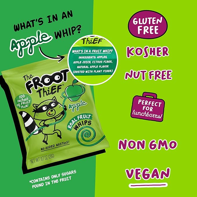 The FROOT Thief Real Fruit Snack Whips, Apple, Nut Free, Perfect for School Lunches and Snacks, Individual Bags Kids Snacks, 5 Pack