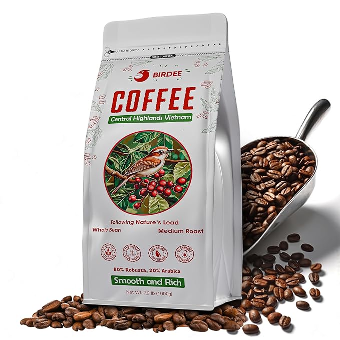 Birdee Vietnamese Coffee ??2.2 LB, Medium Roast Whole Bean, Arabica and Robusta Blend, Hand-Picked, Resealable Bag, Smooth Flavor, Low Acid, High Caffeine, Single-Origin