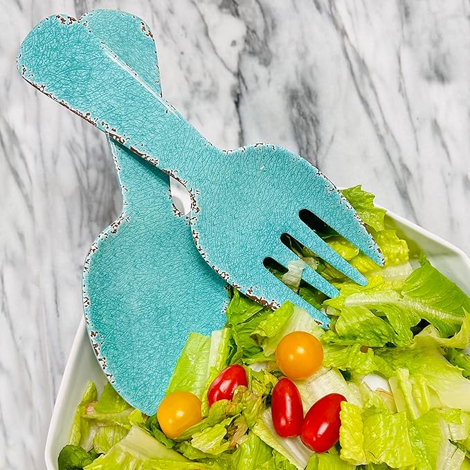 UPware Crackle Melamine Salad Servers, Serving Utensil Set, Includes Serving Fork and Spoon for Tossing Salad, Pasta, Turquoise, 10.75 Inch, Set of 2