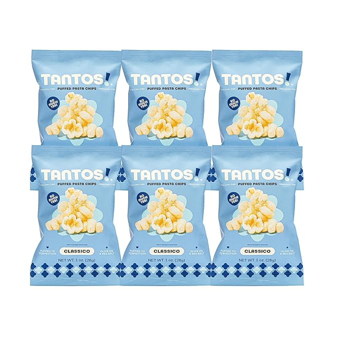 Tantos! Puffed Pasta Chips ??Healthy Pasta Snack by Top Chef Joe Sasto ??Plant-Based, Low Calorie, Crunchy Chips ??Variety Pack ??Marinara, Pesto, Cacio e Pepe, Classico ??Gourmet Bold Flavors (1 oz 6 Pack, Classico)