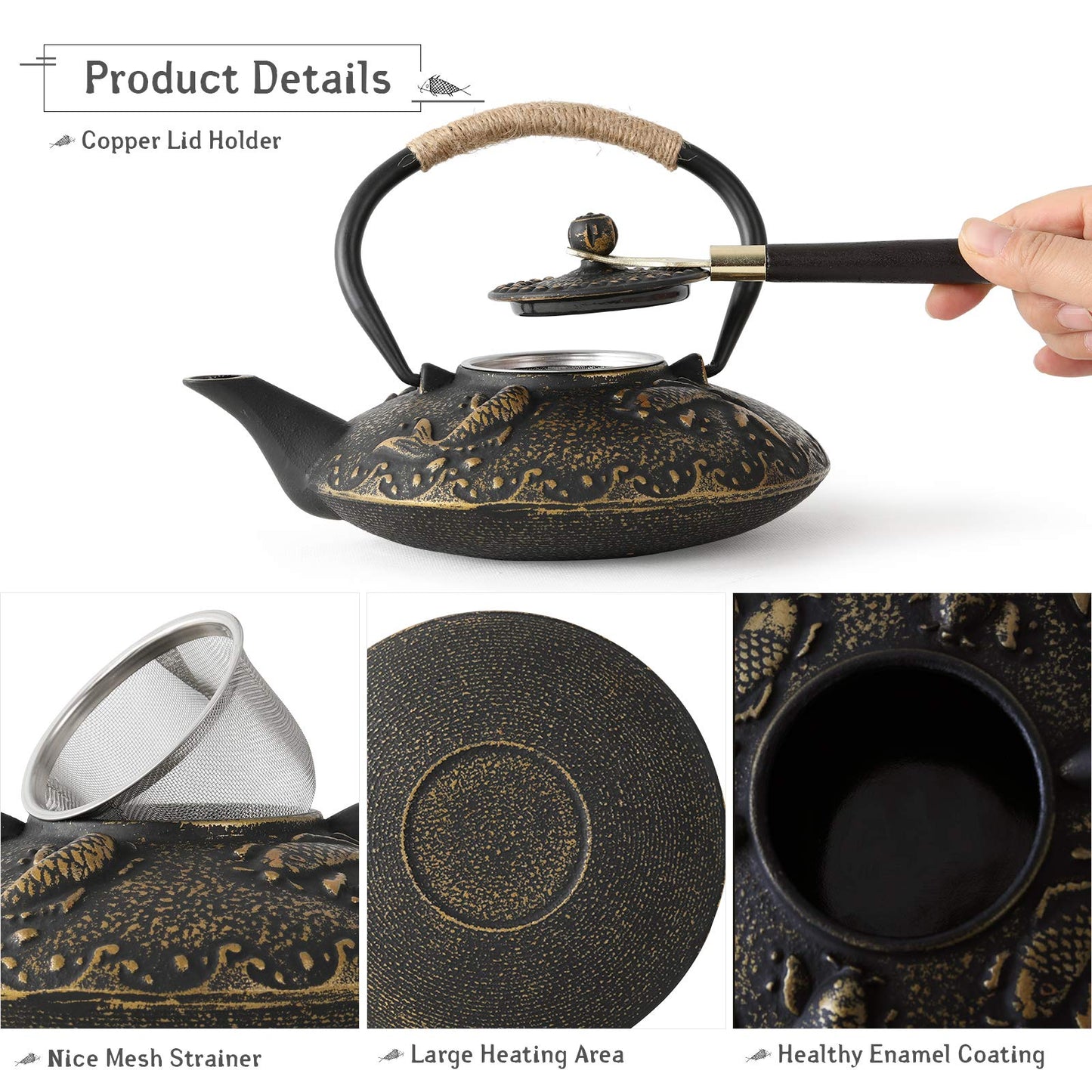 Ufine Koi Fish Cast Iron Teapot Set Stove Top 26 oz Tea Kettle with 4 Cups