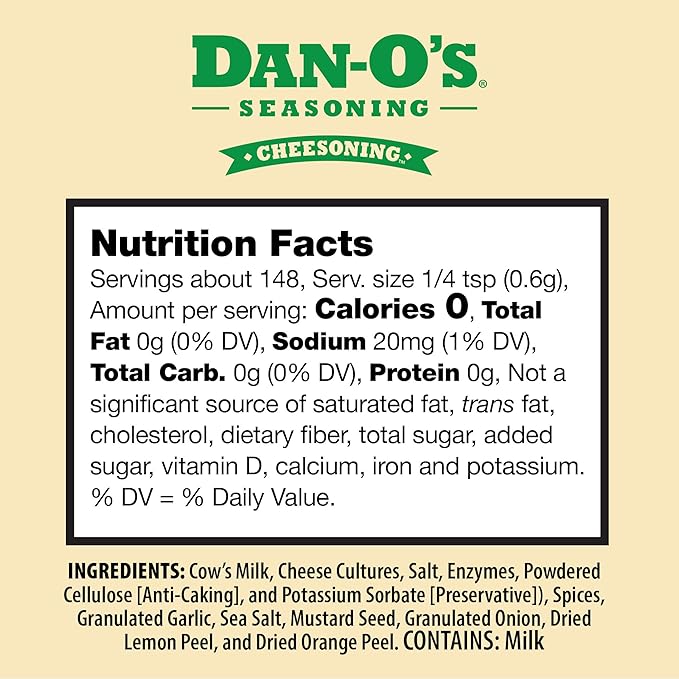 Dan-O's Cheesoning Seasoning, 2.2 oz Bottle, All Purpose Seasoning for Pizza, Popcorn, Chicken, Bread and More, Sugar Free, Zero Calorie, Parmesan Cheese Replacement for your Favorite Foods