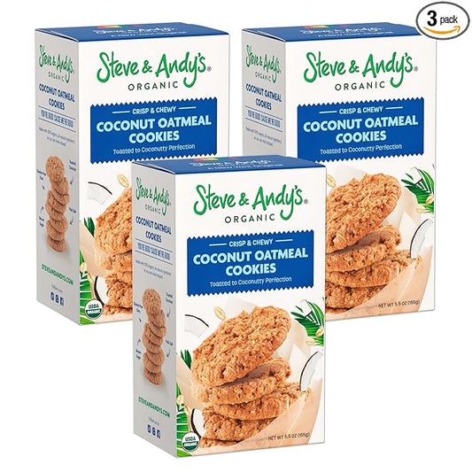 Steve & Andy???Crunchy, Chewy Coconut Oatmeal Cookies -Organic, Gluten Free, Non-Gmo, Vegan, Dairy Free, Nut Free, Egg Free, Wheat Free, Soy Free, Plant-Base??16.5 Oz, 3 Boxes (30 Cookies)