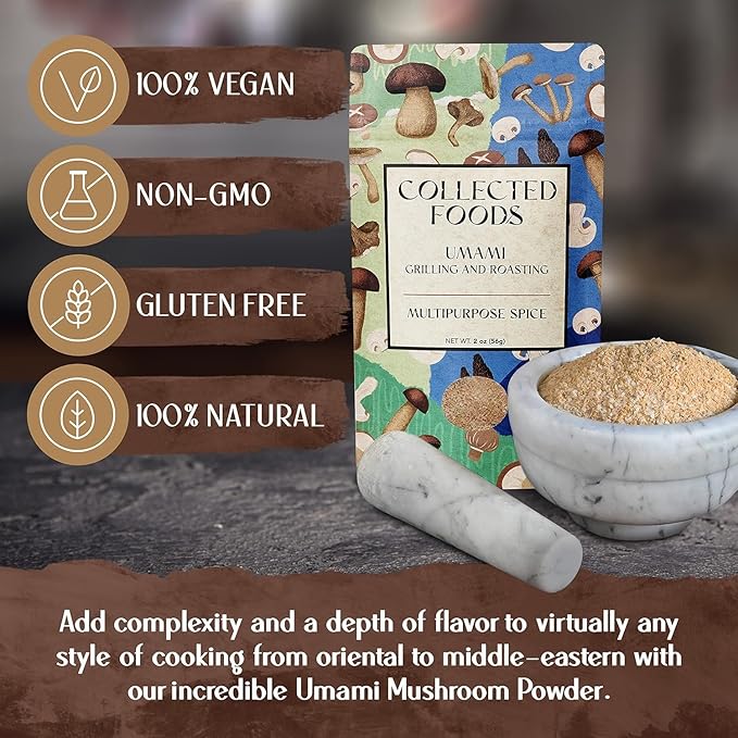 Premium Umami Mushroom Salt, No Additive, Gluten-Free, Non-GMO Great for Sauce, Soup, and Mushroom, Gourmet Umami Seasoning Blend | Handcrafted in Small Batches by Collected Foods - 4oz