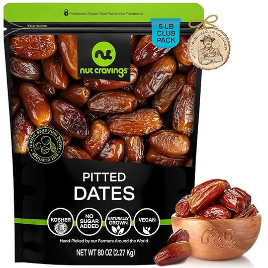 NUT CRAVINGS - Sun Dried Deglet Noor Dates Pitted, No Sugar Added, Unsulphured (80oz, 5 Lbs) Bulk Dry Fruits Packed Fresh in Resealable Bag - Sweet Healthy Snack, Naturally Grown, Vegan, Kosher