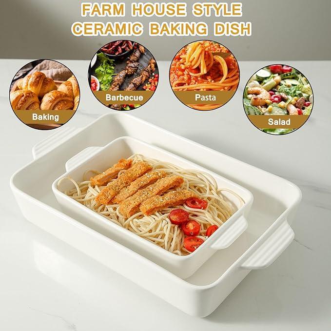 Ceramic Baking Casserole Dish with Handles, Large 9x13 inch Pan and Middle Baking Pan - Porcelain Serving Bakeware Set (White)