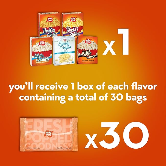 Jolly Time Microwave Popcorn Variety Pack, 6 Sharing Size Bags Per Carton, Blast O Butter, The Big Cheez, Kettle Corn, White Cheddar, and Simply Popped Butter