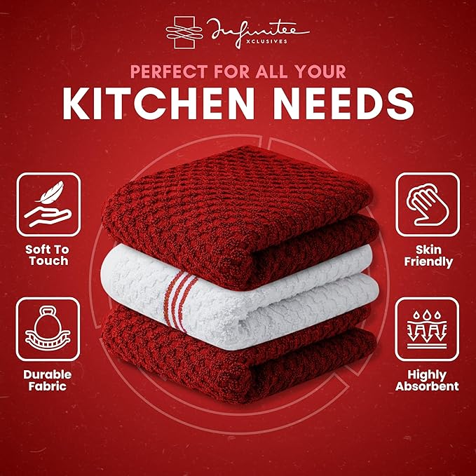 Infinitee Xclusives Premium Kitchen Towels ??Pack of 3, 100% Cotton |15 x 25| Inches Absorbent Dish Towels - Terry Kitchen Dishcloth Towels - Red Dish Cloth for Household Cleaning